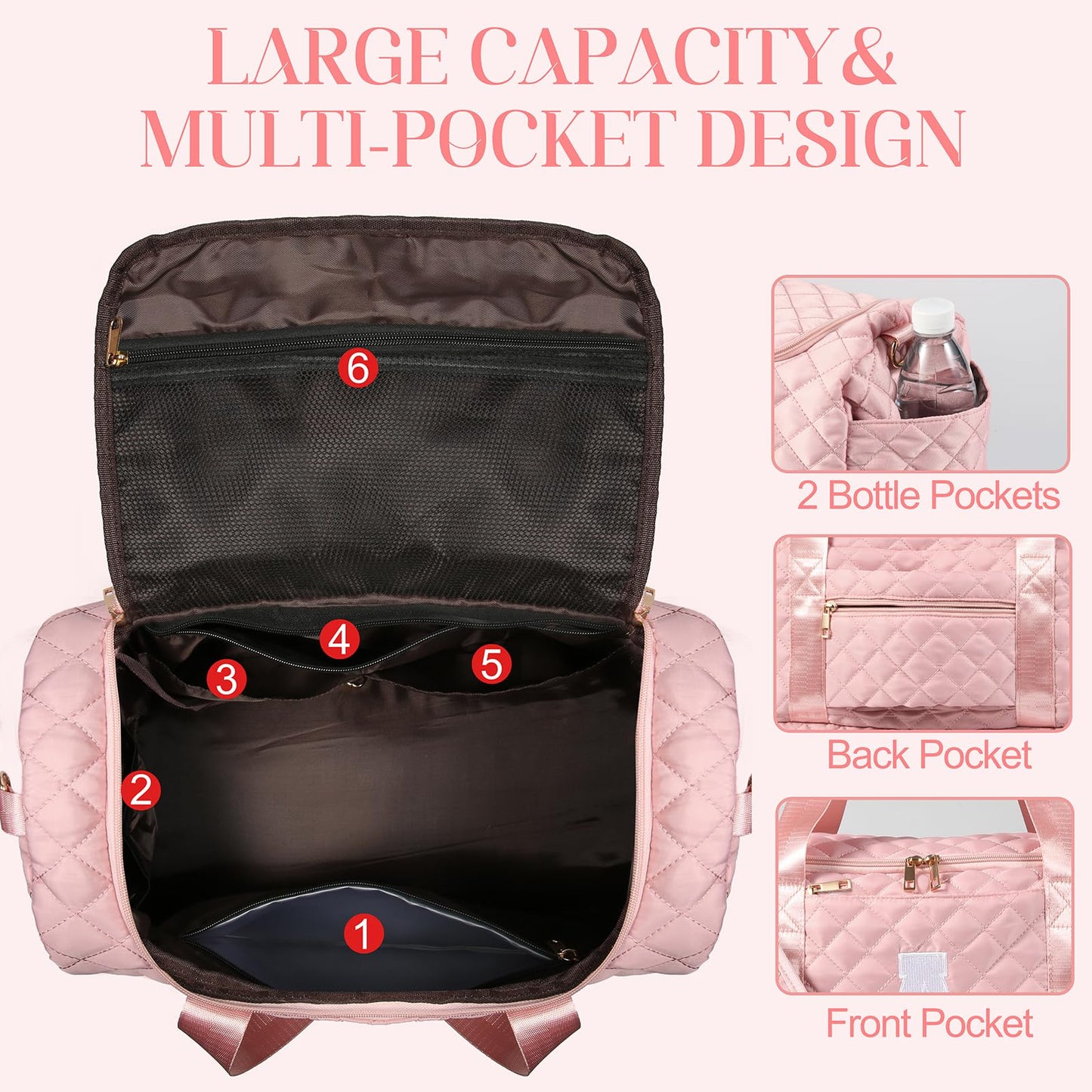 Personalized Initial Travel Bag, Quilted Duffle Bag, Weekender Bag for Women with Cosmetic Bag, Gym Bag with Shoe Compartment, Carry on Overnight Bag, Hospital Bag for Labor Delivery (Pink, A)