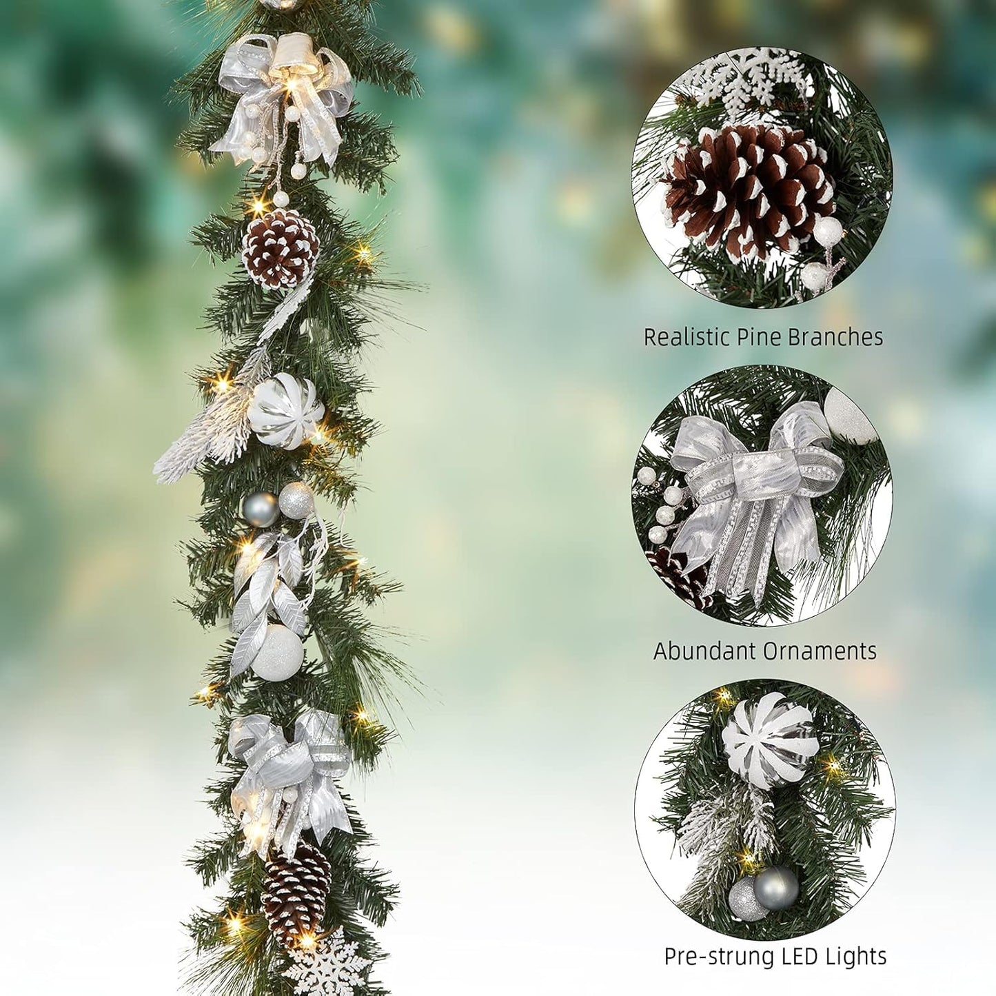 LinTimes Christmas Garland with 20 LED Lights, 6 FT Pre-lit Silver White Xmas Garland with Bow-Knot Ball Ornaments, Battery Operated Garland with Timer for Mantle Staircase Table Decoration
