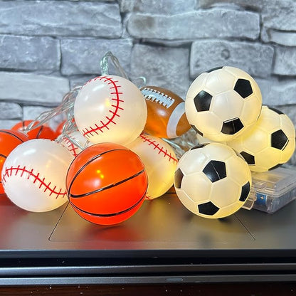 Sport Ball Theme Room Decor String Lights with 8 Mode,Battery Operated 14 ft 20 LED Mix Baseball Basketball Football Soccer Led Lights for Bedroom Christmas Themed Tree Party Decoration