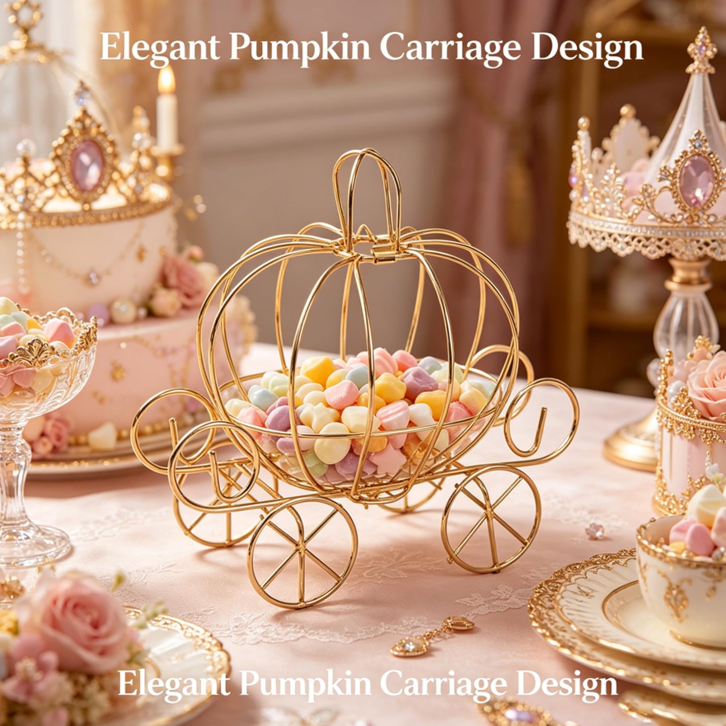 YANGYIXIN 4-Pack Metal Candy Server Gold Pumpkin Carriage Centerpiece Box for Princess Birthday, Princess Party & Themed Party Decorations