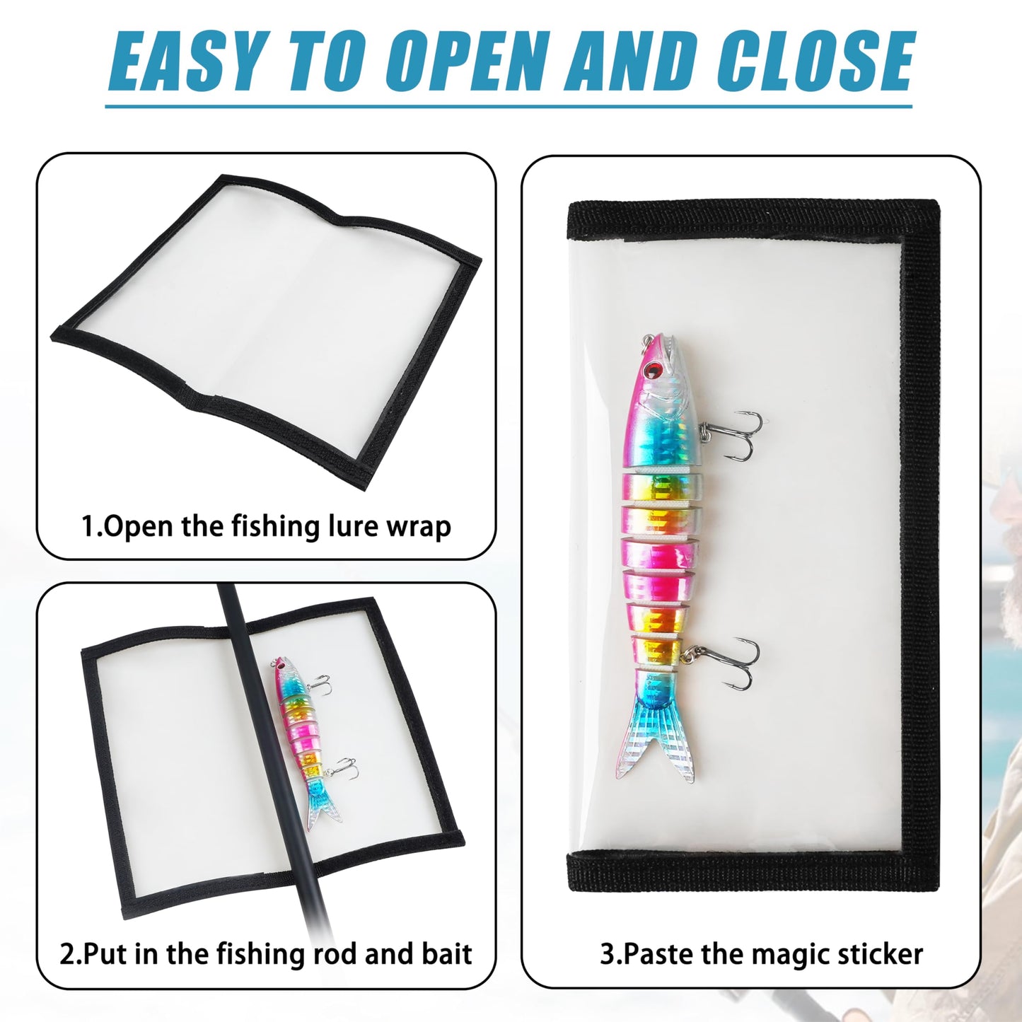 Fishing Lure Wraps for Fishing Rod with Velcro 4 Packs Bait Storage Covers Clear PVC Lure Protector Medium Large Sizes (M+L-BLACK-4PCS)