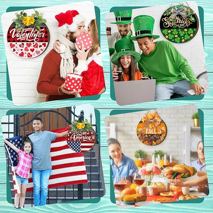 Vicenpal 22 Pcs Interchangeable Welcome Sign for Front Door with 17 Magnetic Icon Wooden Seasonal Front Porch Door Decor with 4 Seasonal Wreaths for Holiday Halloween Christmas Gift (Blue,Rustic)