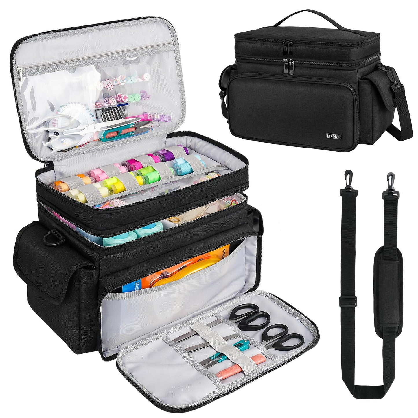 LEFOR·Z Large Sewing Supplies Organizer(13 x 8 x 9 in),Double-Layer Sewing Accessories Storage and Organizer Case Bag,Protable Travel Sewing Box Sewing Basket for Sewing Tools,Black(Bag Only)