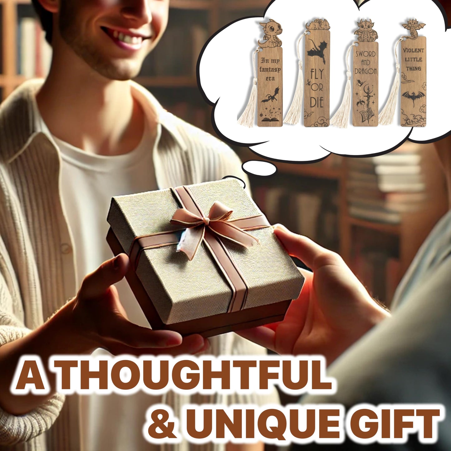 Dragon Bookmarks – Set of 4 Wooden Fantasy Bookmarks with Tassels, Made from Walnut Wood, Inspired by Mythical Dragons and Epic Adventures, Perfect for Book Lovers (Cute Dragon)