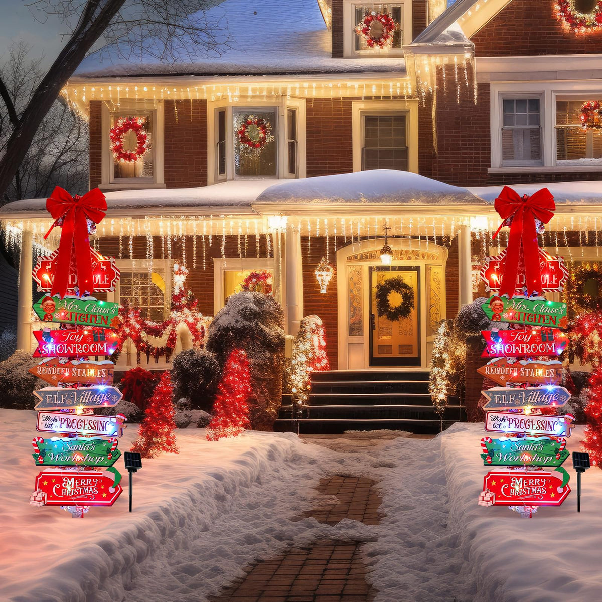 Colingmill Christmas Lamp Post Light Decorations with 8 Merry Christmas Yard Wooden Signs 16.4ft 50led Solar Light String 2 Xmas Tinsel Garlands Red Velvet Bow for Outdoor Holiday Post Lamp Yard Decor