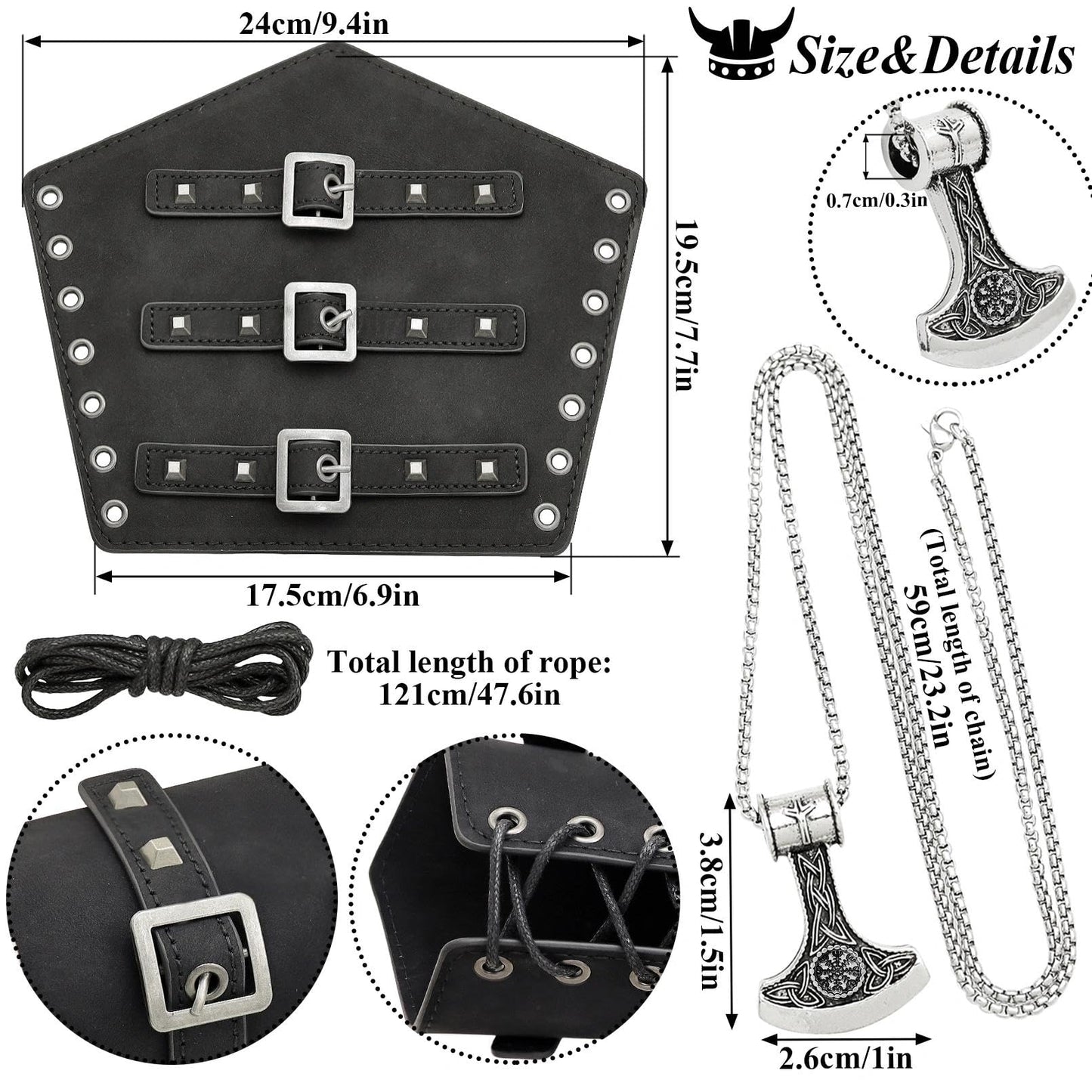 5pcs Medieval Viking Knight Bracers Arm Guards,Knight Belt,Drawstring Purse Pouch Bag and Stainless Steel Chain Axe Necklace Set for Renaissance Faires,LARP events,or Halloween costumes,5 Black set