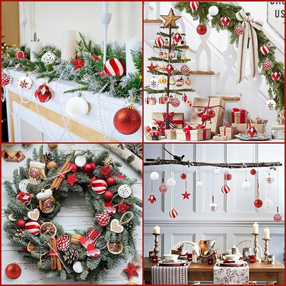 Ouddy Decor 84 Pcs Christmas Tree Ornaments Set, Red and White Christmas Decorations Shatterproof Plastic Glittery Baubles for Wreath Garland Wedding Party Holiday New Year Home Decor, Red & White