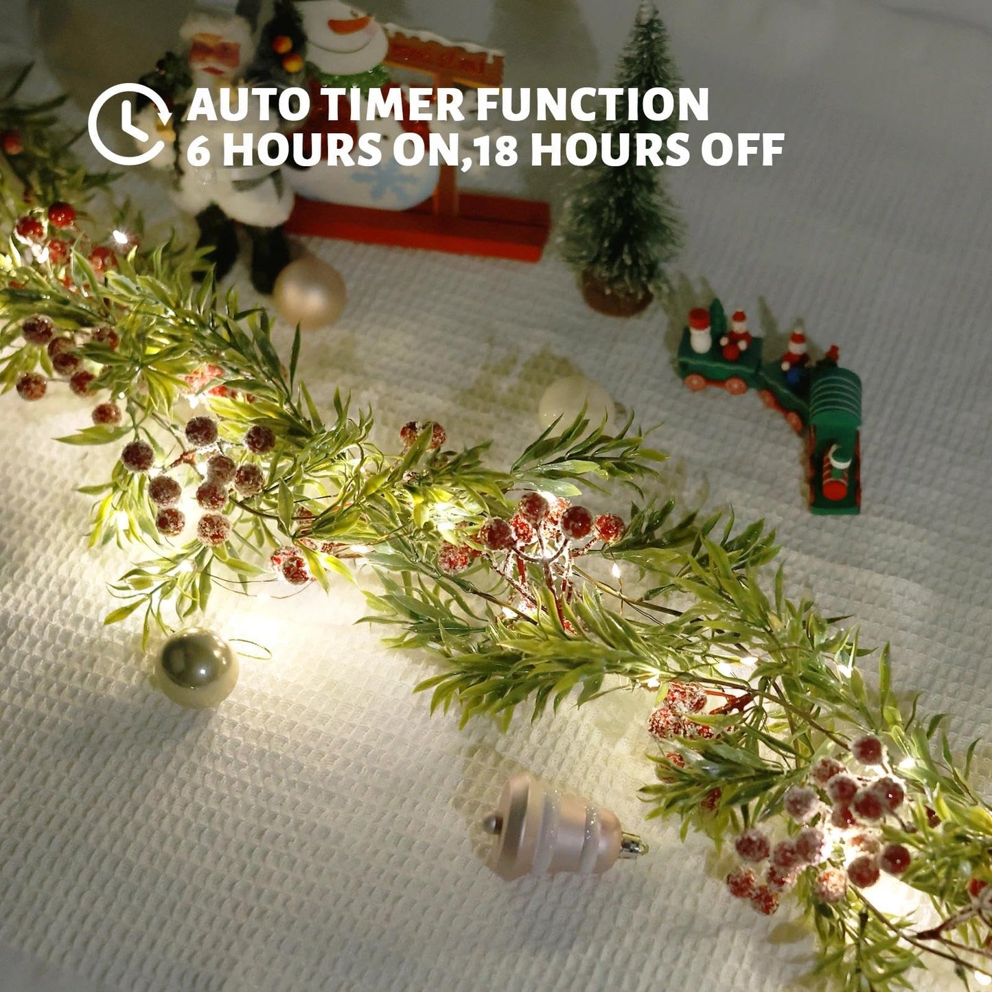 Christmas Garland with Light,Lighted Snowy Red Berries Holly Leaves Garland for Fireplace Mantle Indoor Outdoor Christmas Decoration 6.5FT Pre-lit Battery Operated Xmas String Lights 1 Pack