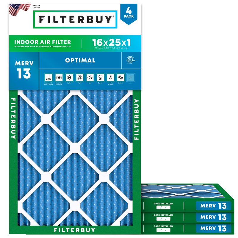 Filterbuy 16x25x1 Air Filter MERV 13 Optimal Smoke & Allergy Defense (4-Pack), Electrostatic Pleated HVAC AC Furnace Filters Replacement, Made in USA (Actual Size: 15.50 x 24.50 x 0.75)