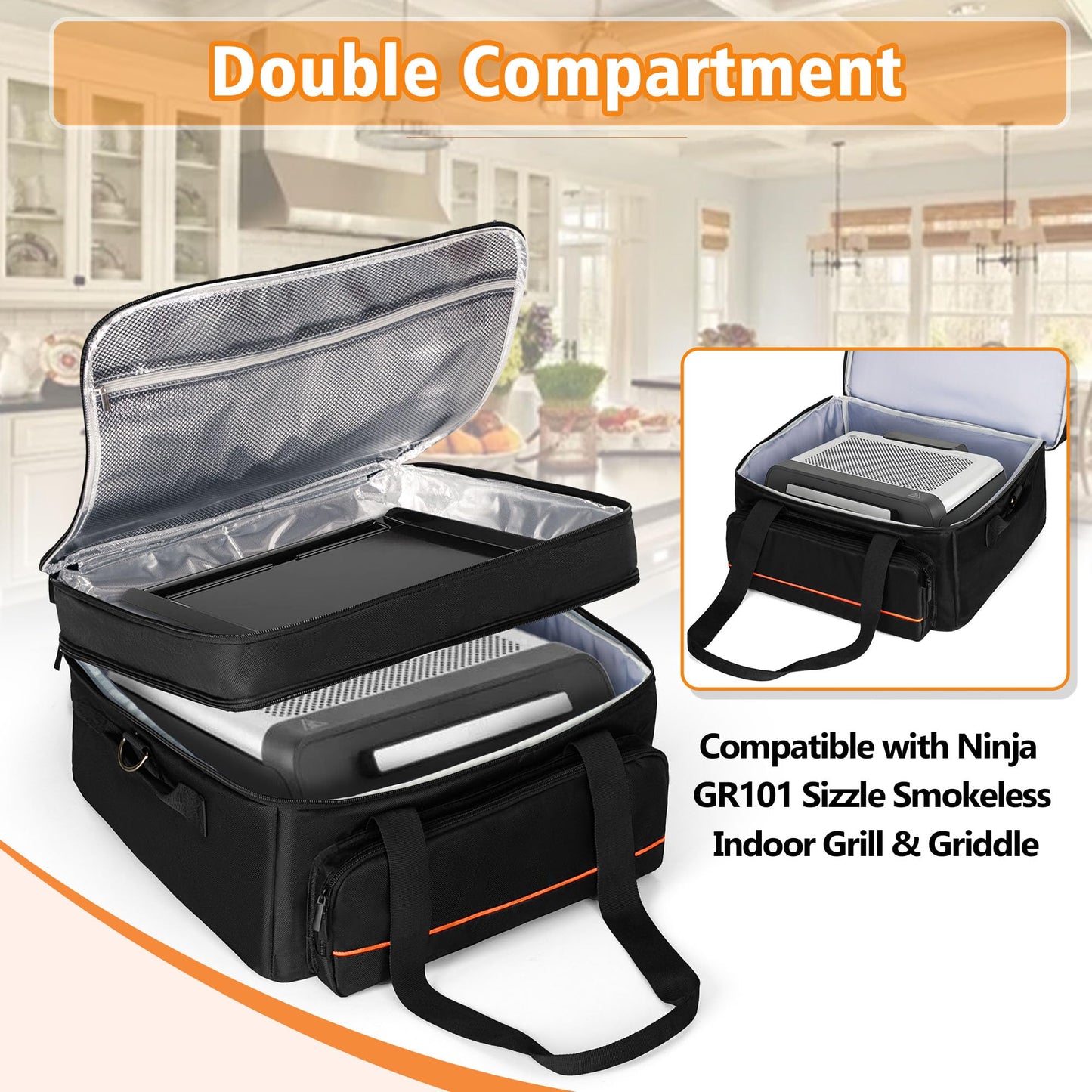 samdew Double-layer Grill Carrying Bag, Grill Cover Compatible with Ninja GR101 Sizzle Smokeless Indoor Grill & Griddle, Padded Grill Storage Case for Grill Plate & Accessories Tools, Bag Only
