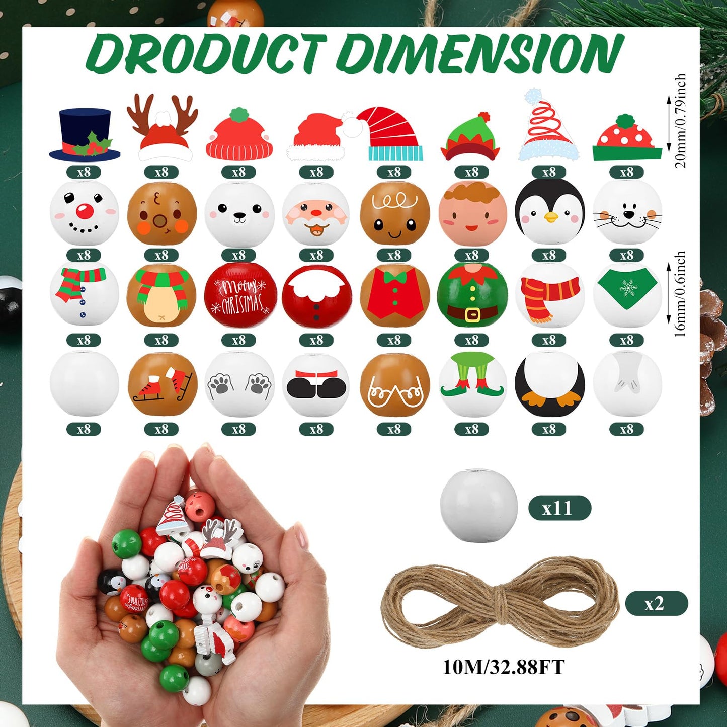 Geelin 300 Pcs Christmas Wood Beads with Twine - Santa Gingerbread Snowman Winter Animals Wooden Round Bead for Hanging Ornaments DIY Crafts Garland Holiday Tree Decor(Classic Christmas)
