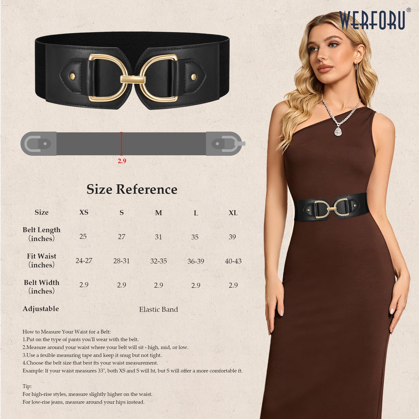 WERFORU Women Elastic Wide Waist Belts for Dresses Fashion Wide Stretchy Belts for Women Big Gold Buckle Thick Dress Belt, A-Black-gold buckle, M: Fit Waist Size 32"-35"