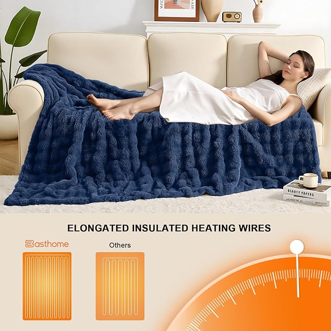 Heated Blanket Electric Throw Blanket 62''X 84''-Heating Blanket with 6 Heat Settings-10 Hours Auto Off,Cozy Faux Rabbit Fur Bubble Electric Blanket,Navy Blue