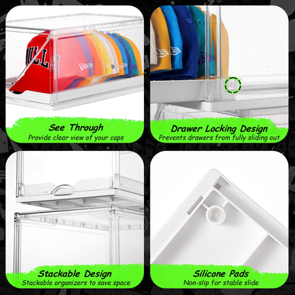 Vtopmart 2 Pack Hat Organizer for Baseball Caps, Clear Hats Holder Box with Drawer, Large Cap Storage with Sliding Tray, Stackable Rack Display Case with Magnetic Door, Each Holds 12 Hats
