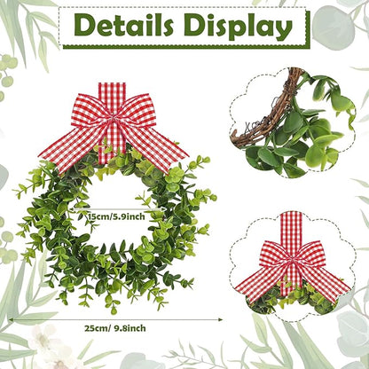 WILLBOND 4 Pcs Christmas Kitchen Cabinet Wreath Boxwood Garland with Ribbon Greenery Garland Hanging Wreaths for Cabinet Wall Window Door Fireplace Party Farmhouse Decor(Red and White,Fabric)