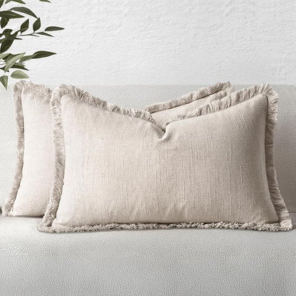 MIULEE Christmas Decorative Lumbar Throw Pillow Covers Neutral Linen Fringe Throw Pillows Set of 2 Natural Beige Boho Farmhouse Cushion Covers for Couch Sofa Bed Living Room Home Decor 12x20 Inch