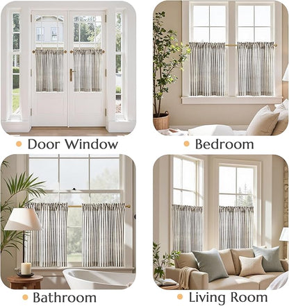 jinchan Striped Linen Kitchen Curtains 24 Inches Length Tier Curtains Farmhouse Modern Cafe Small Window Treatments Airy Light Filtering Rod Pocket for Living Room Bathroom 2 Panels Jet Black