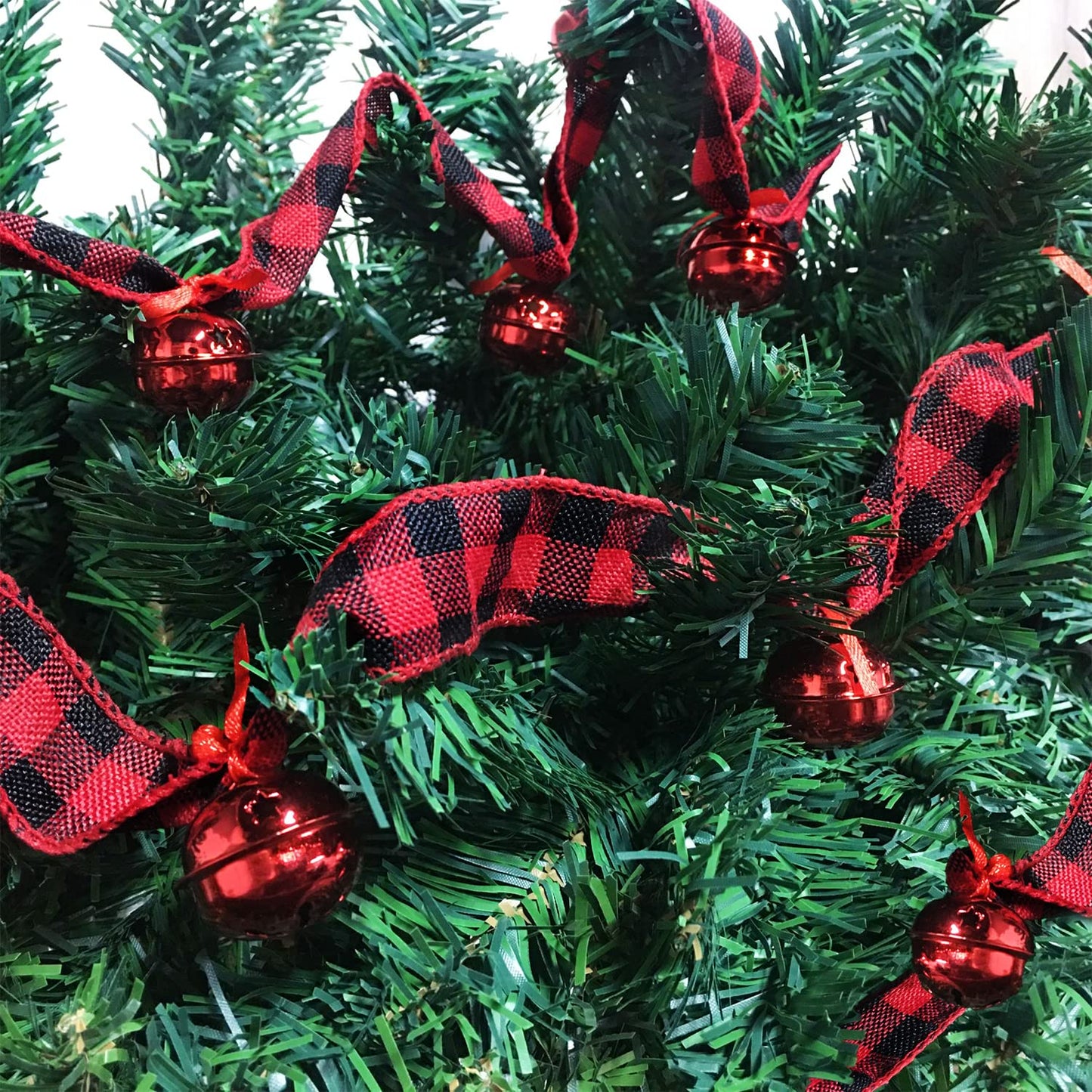 Jishi Rustic Buffalo Plaid Ribbon Garland - 6 Yards with Jingle Bell & Metal Sleigh Bell Ornaments