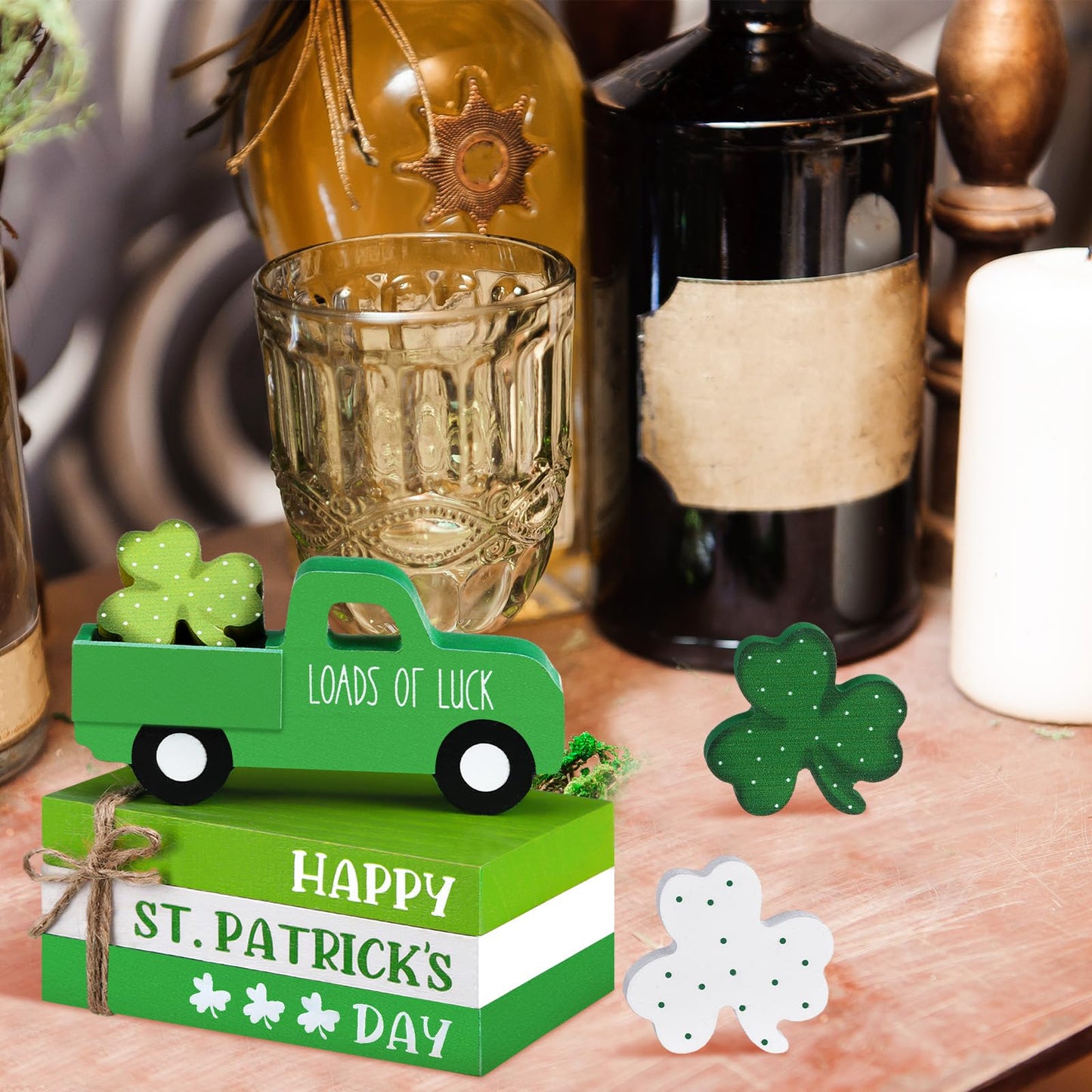DoubleFill 7 Pcs St Patricks Day Decorations St Patricks Day Tiered Tray Decor Irish Wood Lucky Shamrock Table Centerpiece Decor 3 Faux Books Bundle with Twine Green Truck Sign for Bookshelf Home Gift