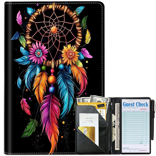 DHYYDSQZ Server Books for Waitress Waiter Book with Zipper Money Pocket Dream Catcher Design PU Leather Cute Waitstaff Organizer Black Waiter Serving Book Wallet with Pen Holder Fit Server Apron