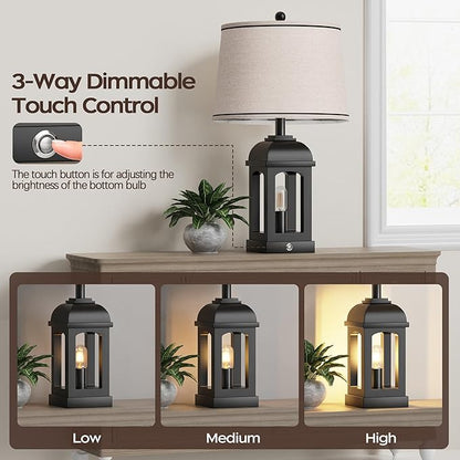 QiMH Table Lamp for Living Room, Farmhouse Lamps Set of 2 with USB A+C and Nightlight, 26" Rustic Bedside Lamps with 3-Way Dimmable Touch Control, Nightstand Lamp for Bedroom Decor, Black