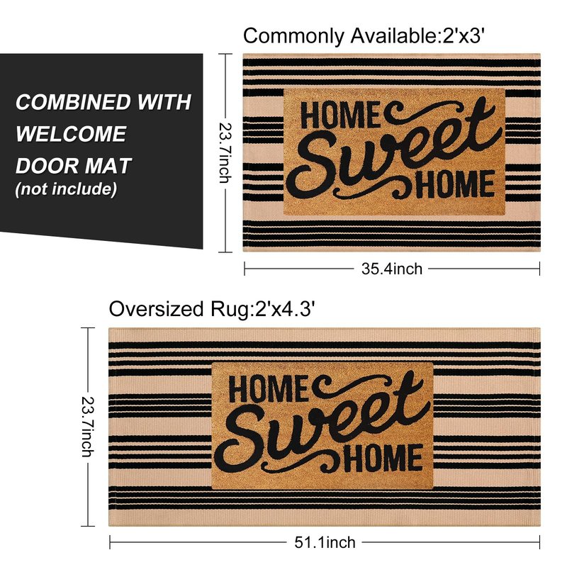 Black and Tan Striped Outdoor Rug, 2’ x 4.3’ Cotton Hand-Woven Reversible Front Porch Rug Washable Front Door Mat Entryway Rugs Welcome Layered Doormat Carpet for Patio Farmhouse Kitchen
