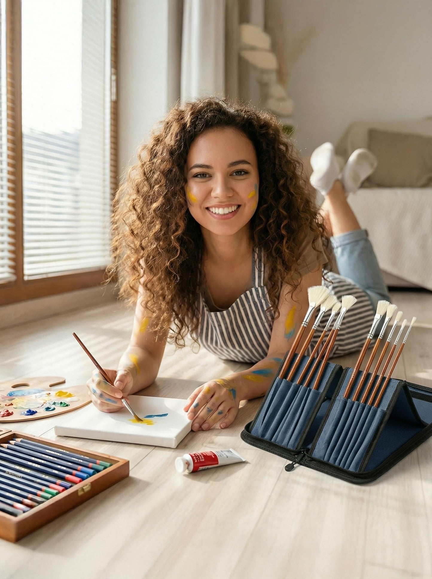 DUGATO Long Canvas Paint Brush Holder Zippered 5.7x14.8 inches, Premium Art Case for Brushes Long Handle up to 13" Length, 15 Slots Storage for Artist (Brush Not Included) - Blue