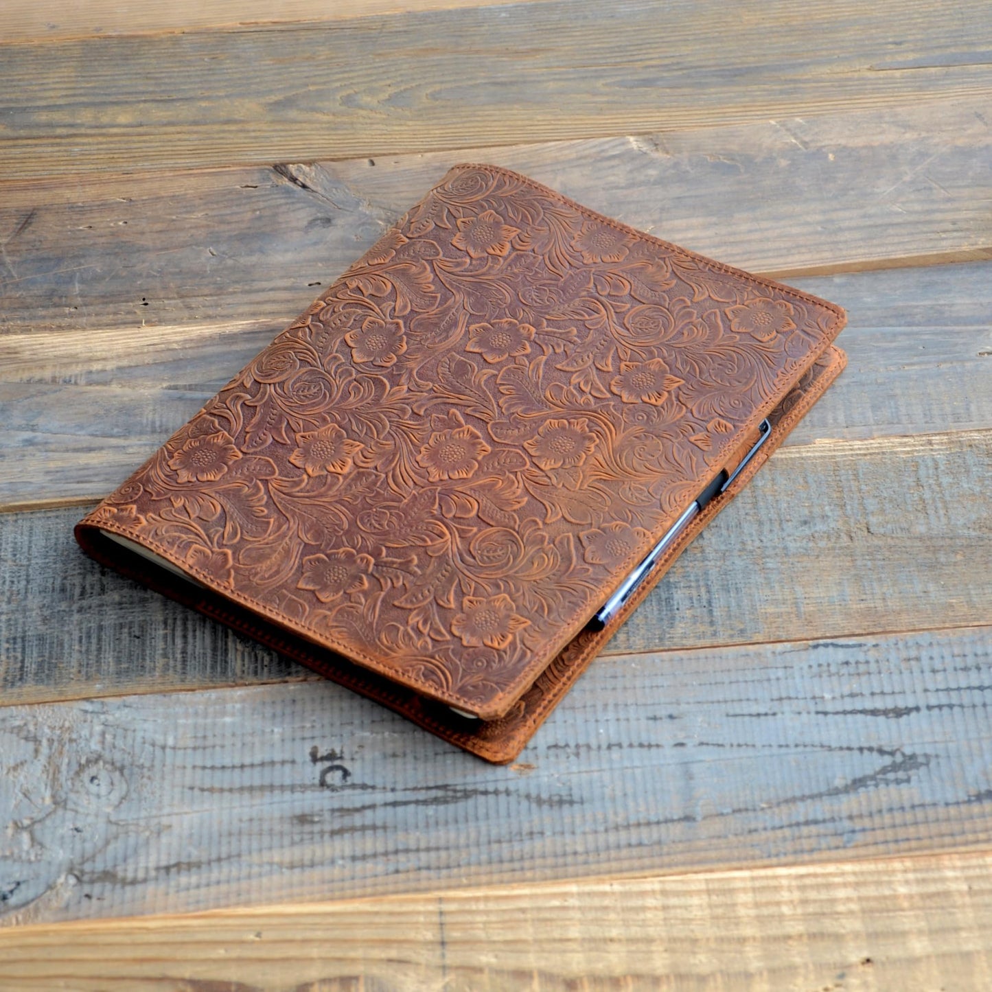 JJNUSA Leather Cover Compatible With Moleskine Classic XL 7.5" x 9.75" Hard Cover, Notebook Travel Journal Cover Distressed Cahier Refillable Writing Diary Flower Brown