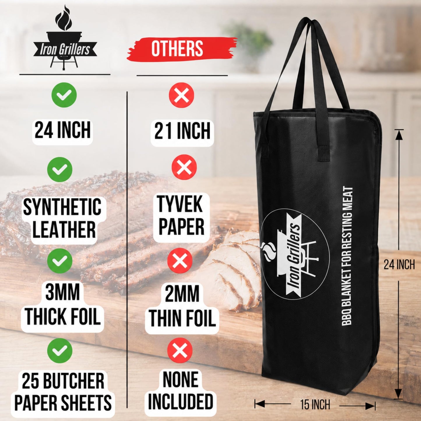 24" Leather BBQ Blanket for Resting Meat - Brisket Blanket Insulated Meat Resting Bag, Leak-Proof & Wide Mouth for Max Heat Retention - Built for Large Brisket, Pork, Beef & Turkey (24 Inch Black)
