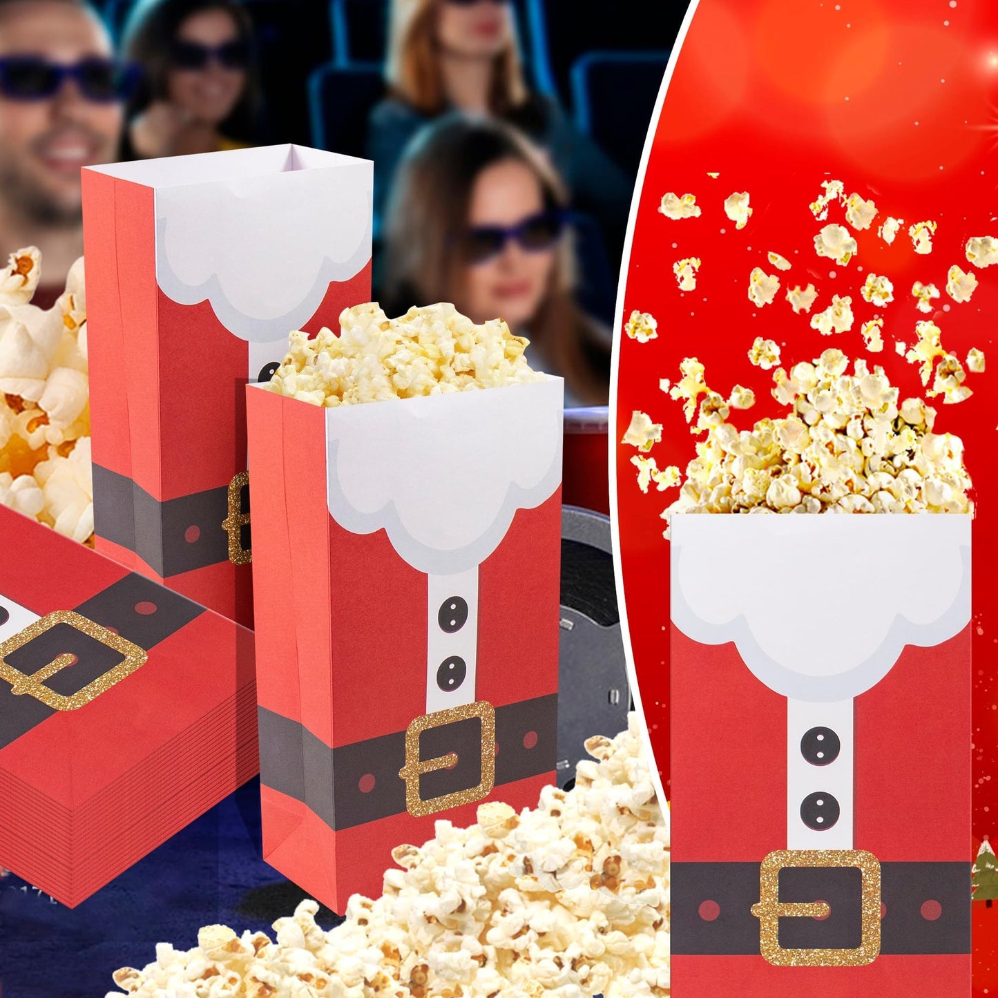 Rzoklot 48PCS Christmas Movie Night Party Supplies – 24 Snack Boxes, 12 Food Trays, 12 Popcorn Bags – Festive Disposable Snack Holders for Holiday Parties, Family Gatherings & Home Theater