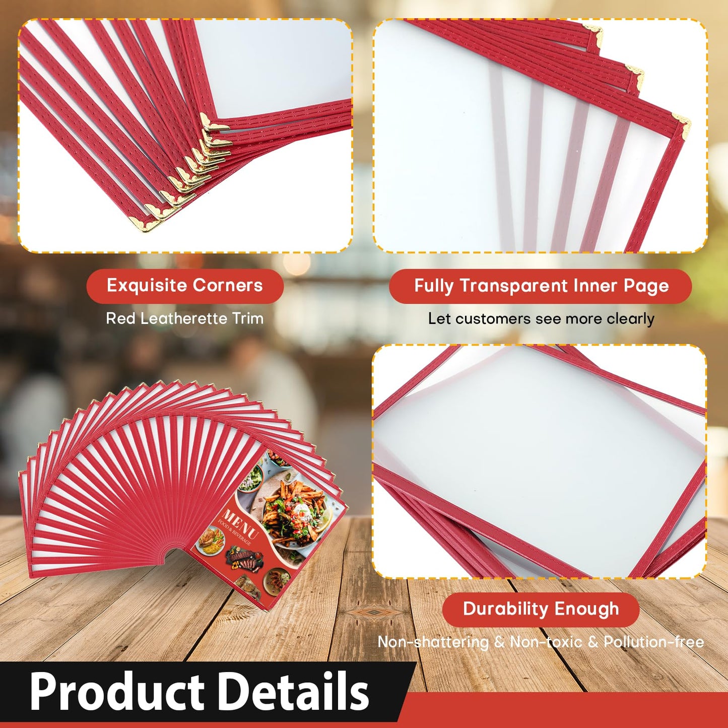 FLKQC 10 Pack 8 View Restaurant Menu Covers, Fits 8.5" x 11" Paper, Transparent Recipe Menu Covers Holders for Kitchen, Drink, Wine Menu Covers Burgundy (10, 8.5"x 11" (4 Page, 8 View))