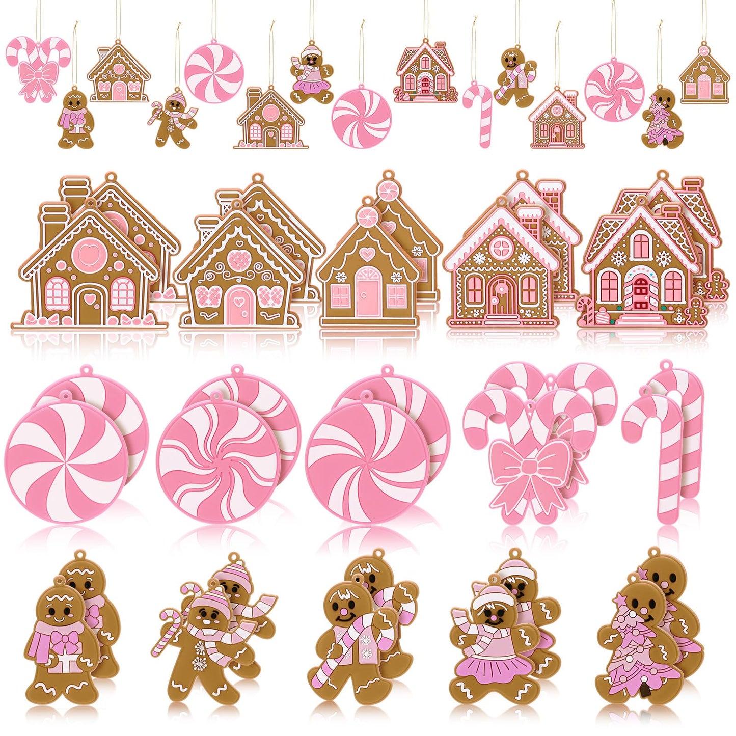 Vertintong 30 Pcs Pink Christmas Gingerbread Hanging Ornaments Pastel Gingerbread Ornaments Candy and House Soft PVC Christmas Tree Wall Hanging Decoration for Xmas Party Office Home Decor Winter