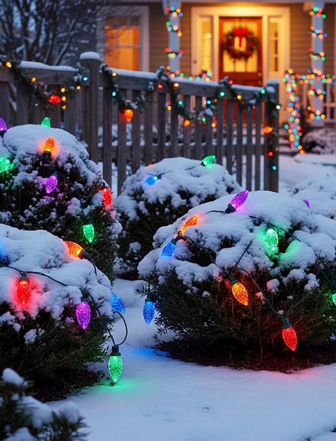 50 Count C9 Christmas Lights Outdoor, 26FT Diamond-Cut Multicolor LED String Lights, Connectable Green Wire Vintage Christmas Lights for House, Roofline, Trees, Garden & Christmas Outdoor Decorations