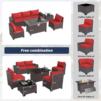 Kurapika 7 Pieces Patio Furniture Set, Rattan Outdoor Conversation Sets w/43in Propane Fire Pit Table and 4 Inch Cushion(Red)