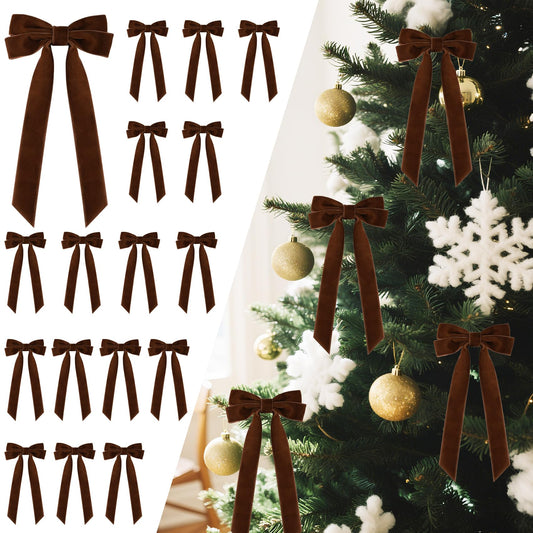 16Pcs Velvet Ribbon Bows for Christmas Tree, Vintage Rustic Small Craft Bows Ornaments for Garland Wreath Gift Wrapping Candy Bags Party DIY Decorations (Deep Brown, 5" x 10", Width of 1")