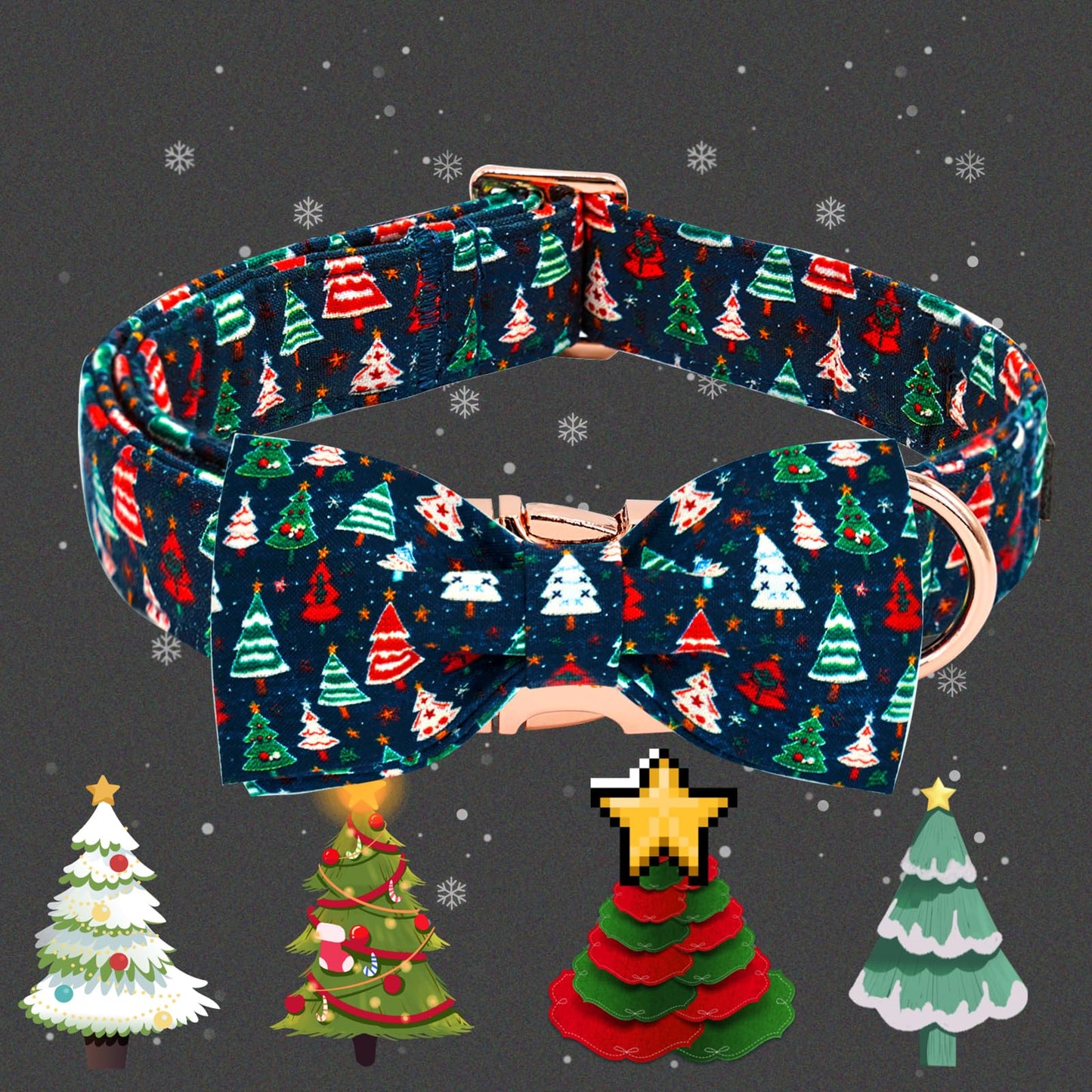 Elegant little tail Christmas Dog Collar, Christmas Tree Pet Collars Bow Red Metal Buckle Collar Puppy Girl Boy Holiday Cotton Soft Bowtie Adjustable Dog Collar for Large Dogs