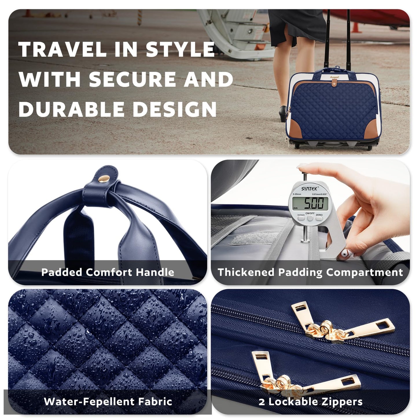 Arcoyard Rolling Laptop Bag, Rolling Briefcase for Women with Waterproof Pocket, 16 Inch Computer Bag, Underseat Carry On Luggage with Wheels for Work Travel Business, Lightweight Navy Blue Brown