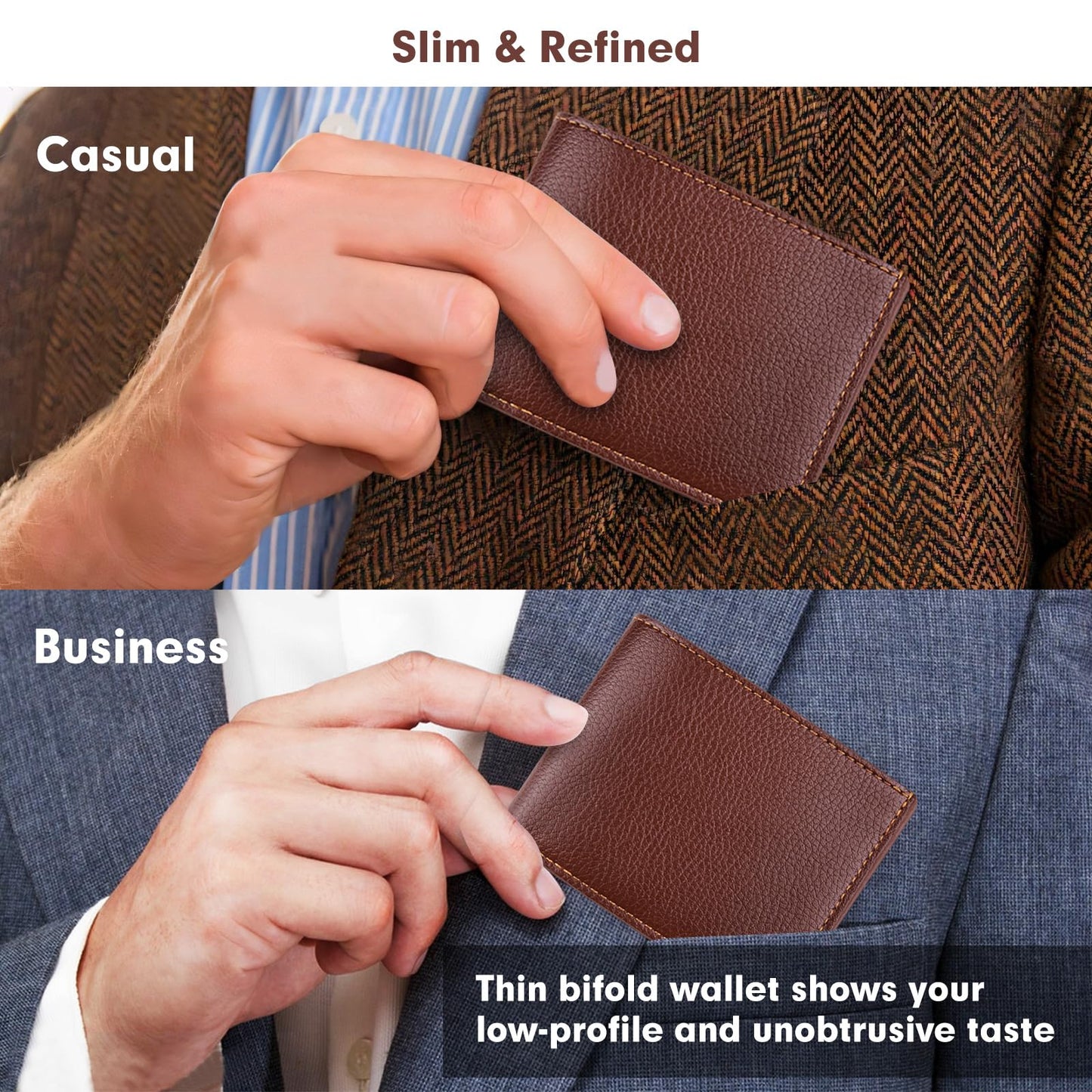 Plinvo Genuine Leather Slim Bifold Wallet for Men, RFID Blocking Minimalist Design with ID Window and 6 Card Slots (Brown)