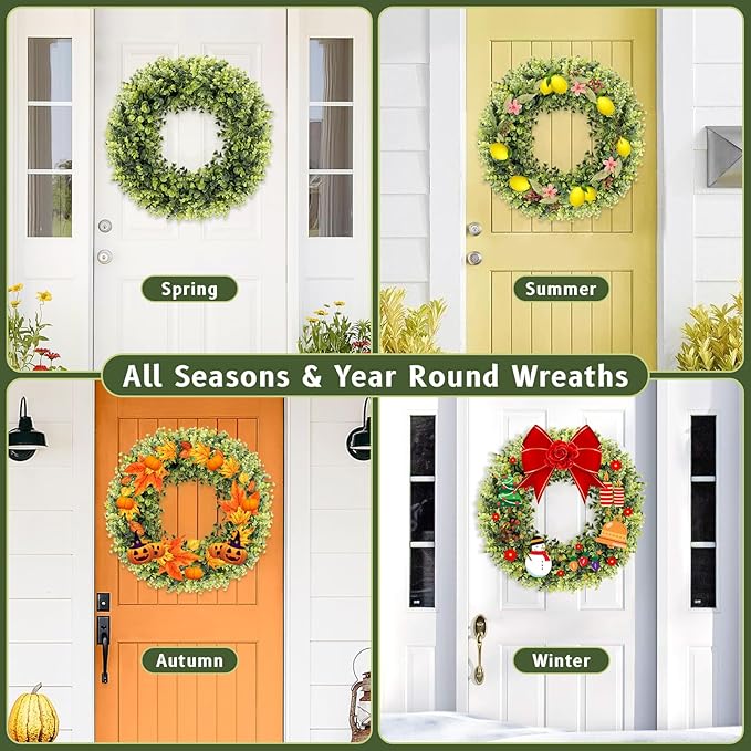 24 Inch Large Boxwoods Green Spring Artificial Wreath for Front Door, Year Round Spring Summer Winter Wreaths for Wall Window Porch Home Farmhouse Wedding Outdoor Outside Indoor Decorations