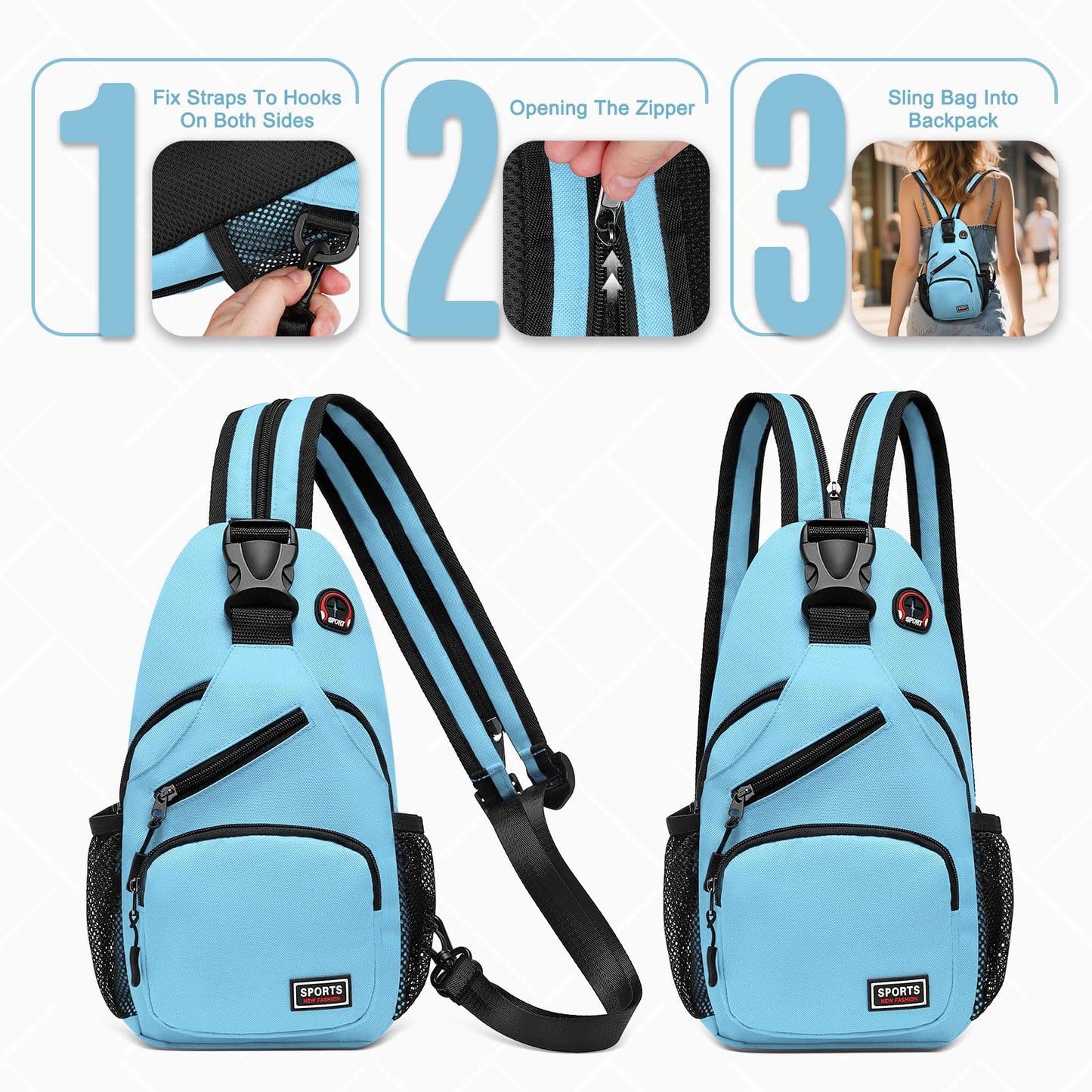 SUIKIHUM Convertible Sling Bag with Coin Pocket, 7.9" Tablet Crossbody Mini Backpack with Headphone Jack Casual Pack for Women Men Travel, Blue