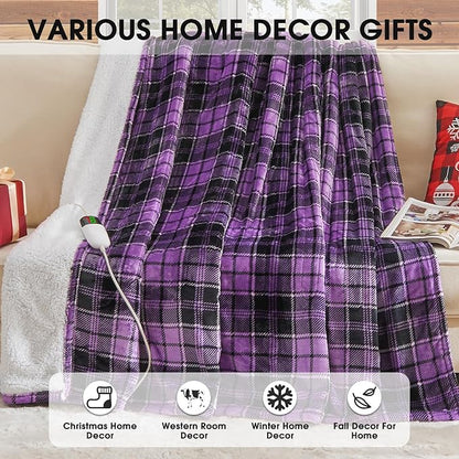 OCTROT Heated Blanket Electric, Twin Size 62X84, Heating Blanket with 10 Heating Levels & 8 Hours Auto Off, Purple Checkered Plaid Sherpa Blankets Warmer for Adults, Fast Heating and Washable