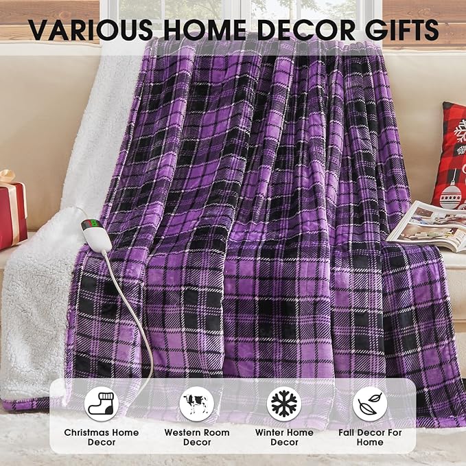Heated Blanket Electric Full Size,72X84 Heating Blanket,Brown Plaid Soft Sherpa Blankets Warmer Gift for Grandma Women Adult,Fast Heating Washable