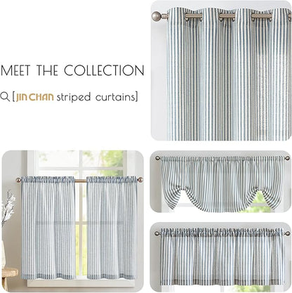 jinchan Tie Top Linen Kitchen Curtains 24 Inches Striped Tier Curtains Farmhouse Modern Cafe Style Small Window Treatments Airy Light Filtering Rod Pocket for Living Room Bathroom 2 Panels Blue