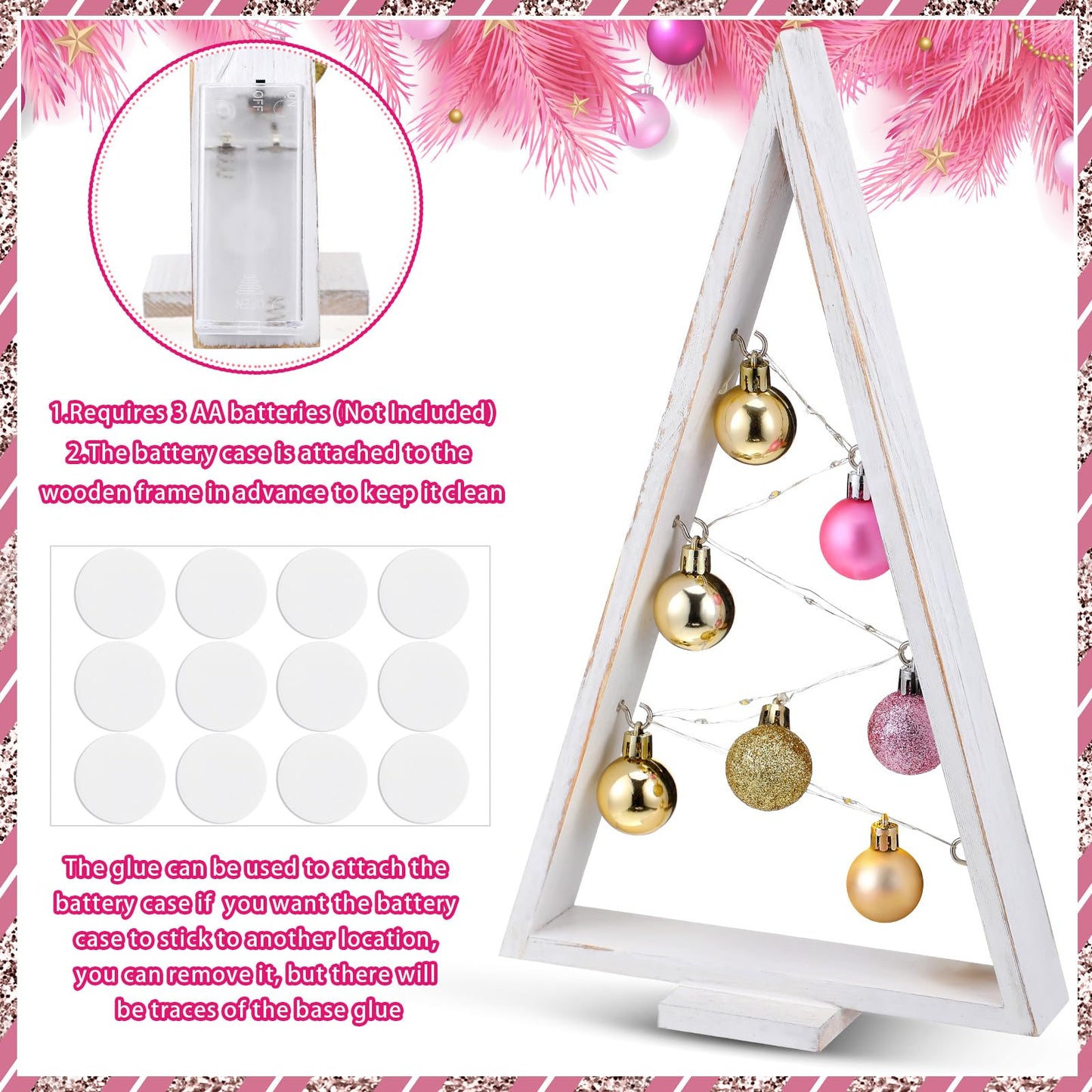 Hungdao 2 Pack Wooden Christmas Tree with Lights and Balls Modern Farmhouse Christmas Table Centerpiece Tabletop Decor for Winter Fireplace Mantle Shelf Home Decor(Pink, Rose Gold)