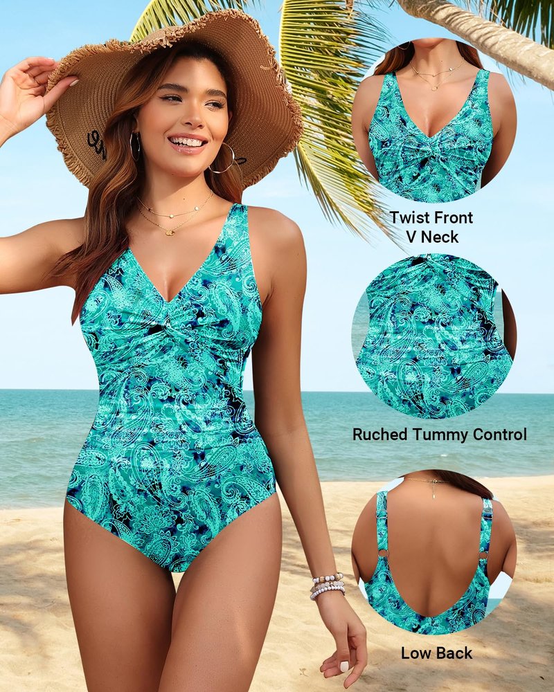Holipick Green Paisley Women Tummy Control One Piece Swimsuit - Push Up Bathing Suit Full Coverage Slimming Swimwear XXL