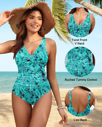 Holipick Green Paisley Women Tummy Control One Piece Swimsuit - Push Up Bathing Suit Full Coverage Slimming Swimwear XL