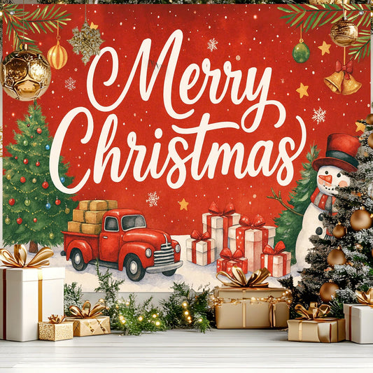 HOMETITUTE Red Truck Christmas Backdrop 8×6ft Snowman Gift Tree Holiday Party Banner for Family Photography Winter Decoration Background