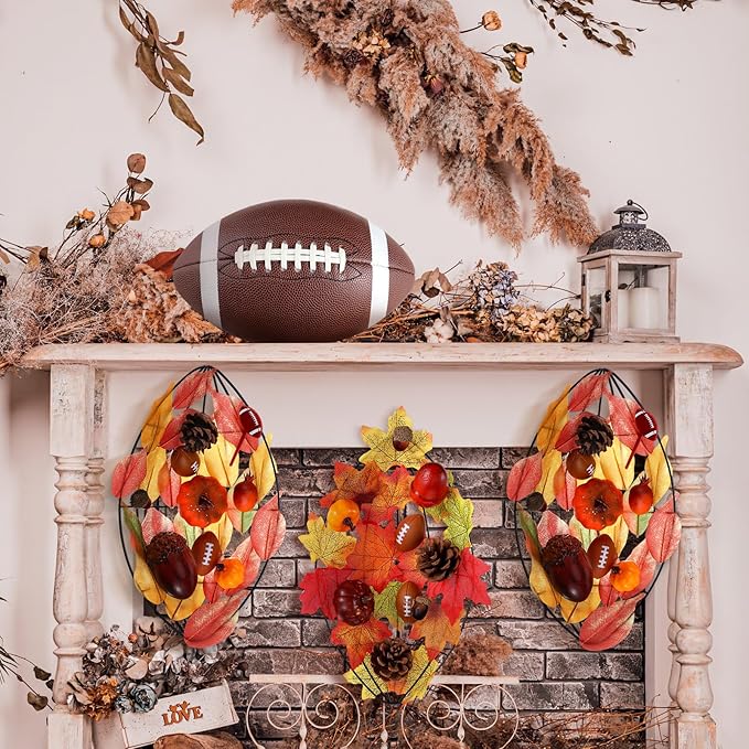 6 Pcs Fall Football Decorations 12 Inch Football Wreath Fall Metal Wreath Form Wire Garland for Sports Party Autumn Harvest Party Decor DIY Craft Project Holiday Front Door Hanging Home