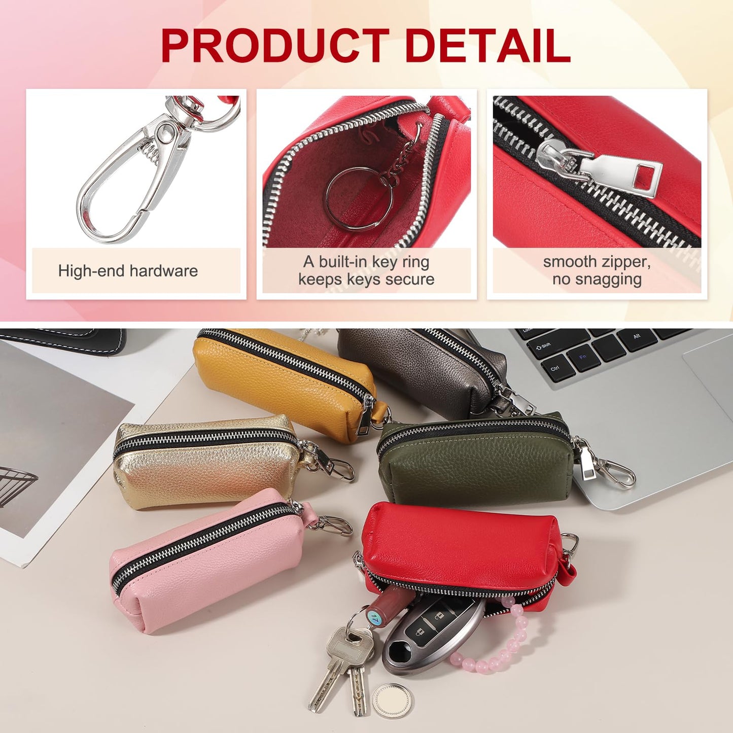 uxcell Leather Coin Purse, Leather Car Key Holder Bag Hand-held Change Purse Keychain Pouch Small Coin Pouch with Key Ring for Women and Men, Red
