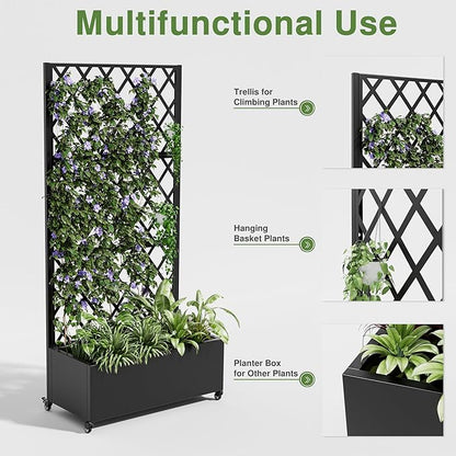 Casaphoria Metal Raised Garden Bed with Trellis and Wheels, 72"x35"x16" Planter Box for Climbing Plants, Vegetables & Vines, Features Drainage Holes and Privacy Screen (Black-Rhombus)